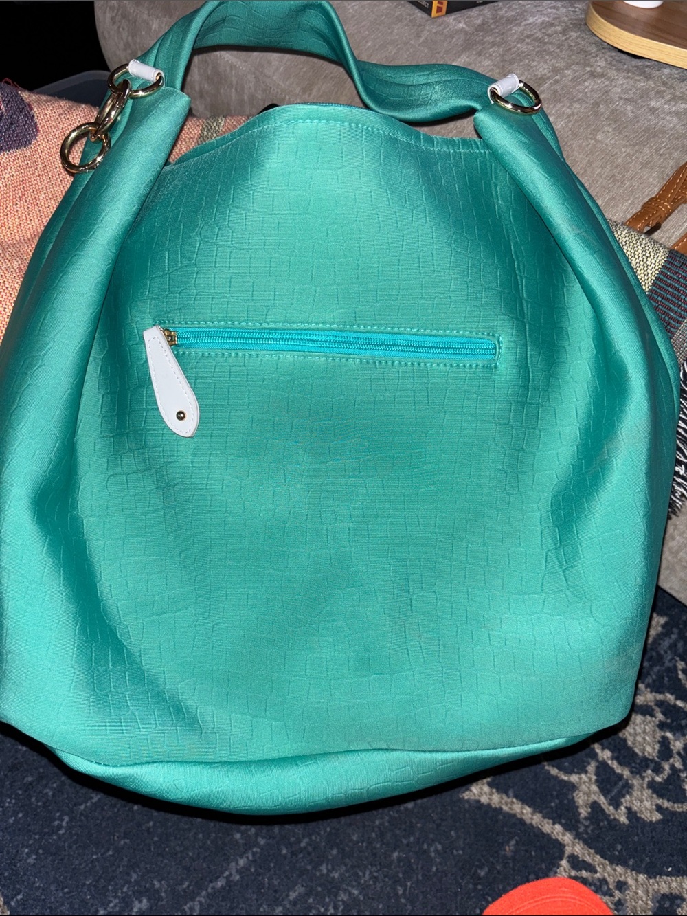 Sondra Roberts Teal Croc-Texture Hobo Bag with grey Trim